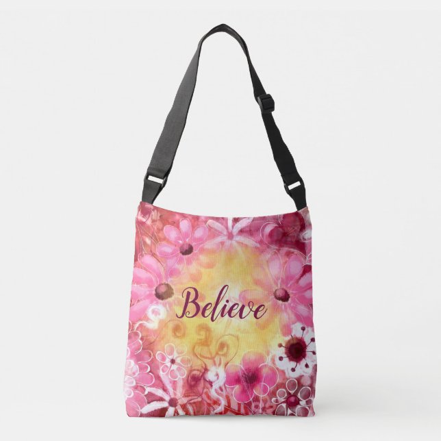Crossbody Purse - Whimsical Floral 'Believe' Crossbody Bag (Front)