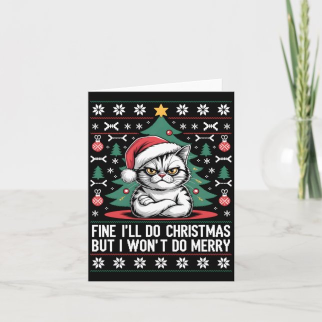 Crossed Arms Cat Funny Christmas Ugly Sweater Long Card (Front)