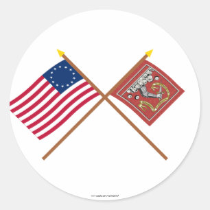 Crossed Betsy Ross and Bedford Flags Classic Round Sticker