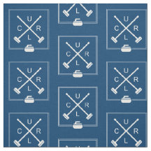 Crossed Brooms Curling Fabric - Blue and White