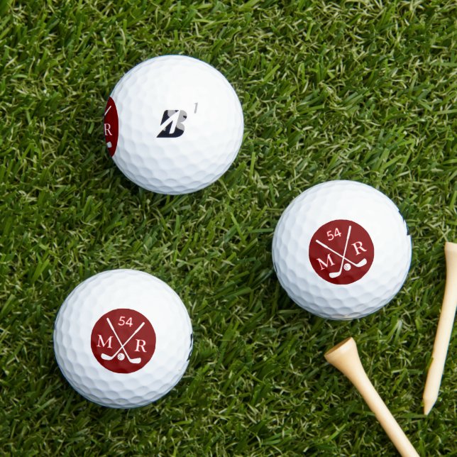 Crossed Clubs and Golfer Initials red Golf Balls (Insitu Grass)