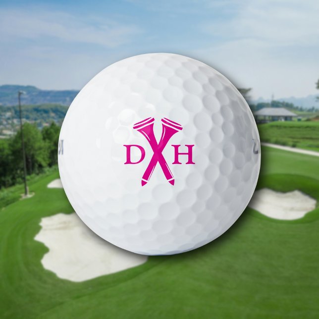 Crossed Golf Tees Personalized Initials Hot Pink Golf Balls (Personalized initials with playful style. Fun, modern look for standout gifting.
)