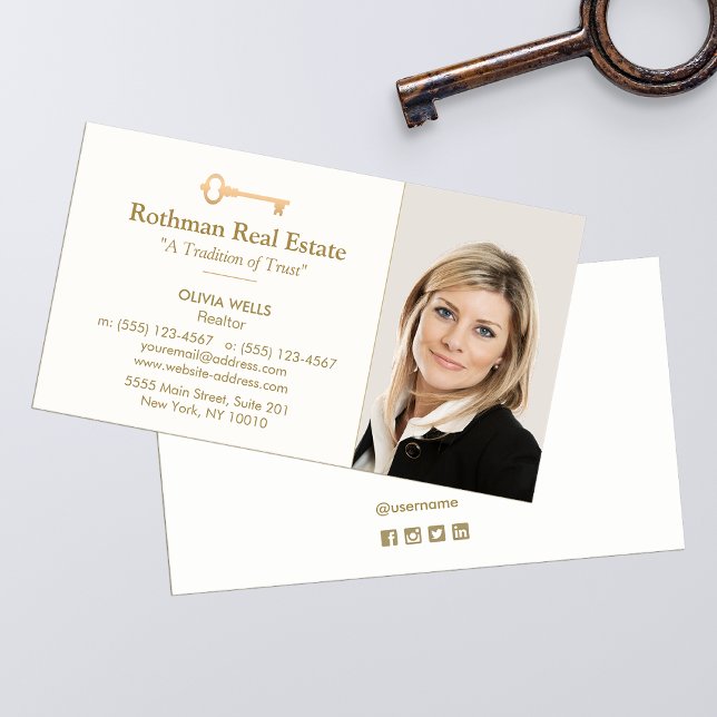 Crossed Keys Real Estate Agent  Add Photo Business Business Card (Creator Uploaded)