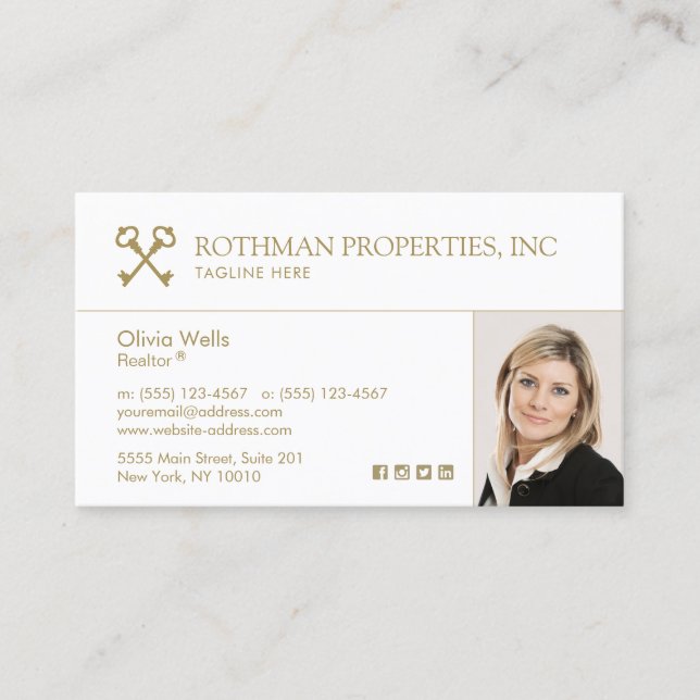 Crossed Keys Real Estate Agent  Add Photo Business Card (Front)