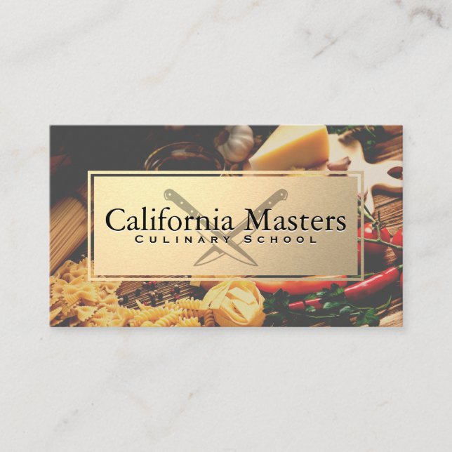 Crossed Knives | Gold Metallic | Food on Table Business Card (Front)
