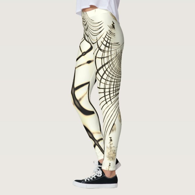 Crossed nut-brown curved traces, light background leggings (Left)