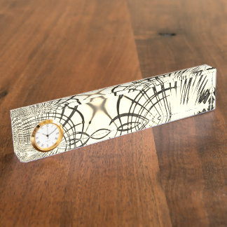 Crossed nut-brown curved traces, light background nameplate