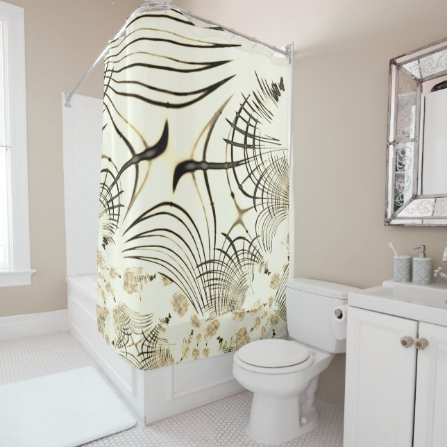 Crossed nut-brown curved traces, light background shower curtain (In Situ)