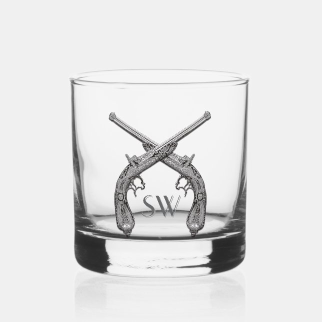 Crossed Pistol Monogram Whiskey Glass (Front)