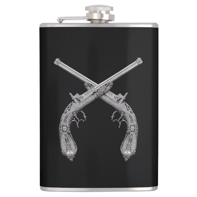 Crossed Pistols Black Hip Flask (Front)