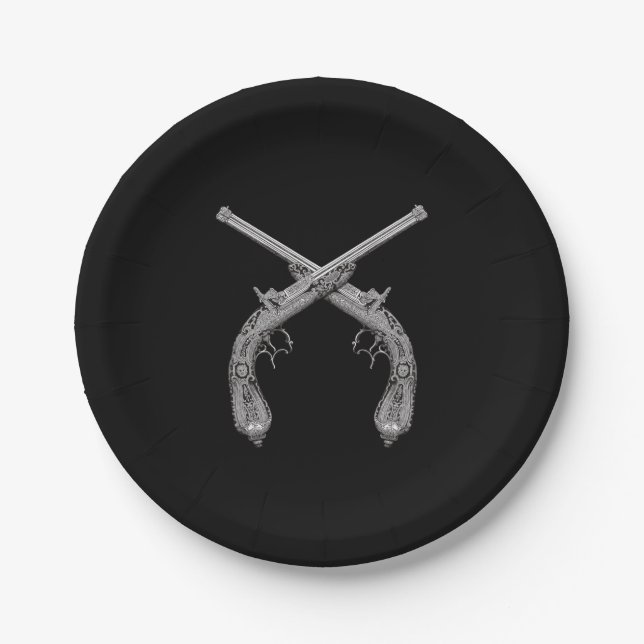 Crossed Pistols Black Paper Plate (Front)