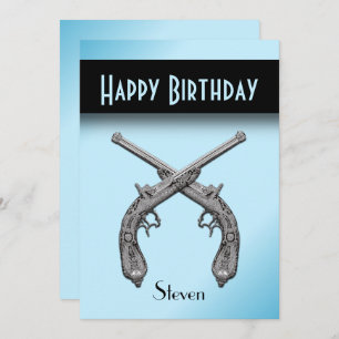 Crossed Pistols Blue Birthday Party Invitation
