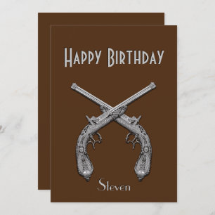 Crossed Pistols Brown Birthday Party Invitation