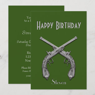 Crossed Pistols Green Birthday Party Invitation