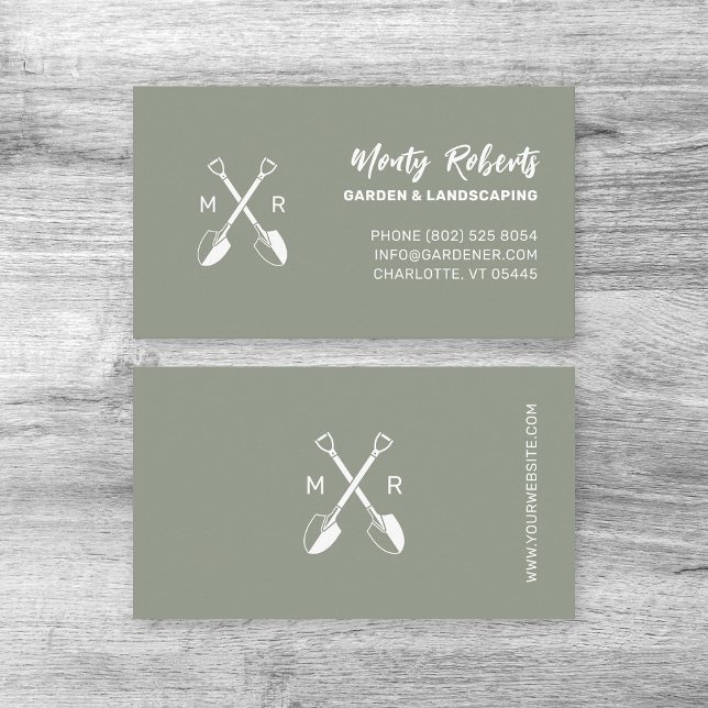 Crossed Spades Logo Garden Landscaping Mud Green | Business Card (Landscaping gardener professional business card with spades logo, initials and contact details.)