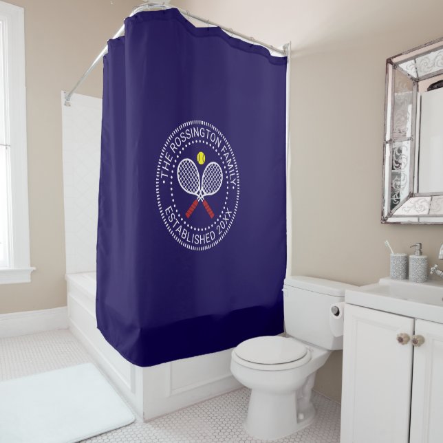 Crossed Tennis Rackets Family Name Date Estd Blue Shower Curtain (In Situ)