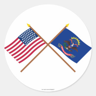 Crossed US 43-star and North Dakota State Flags Classic Round Sticker