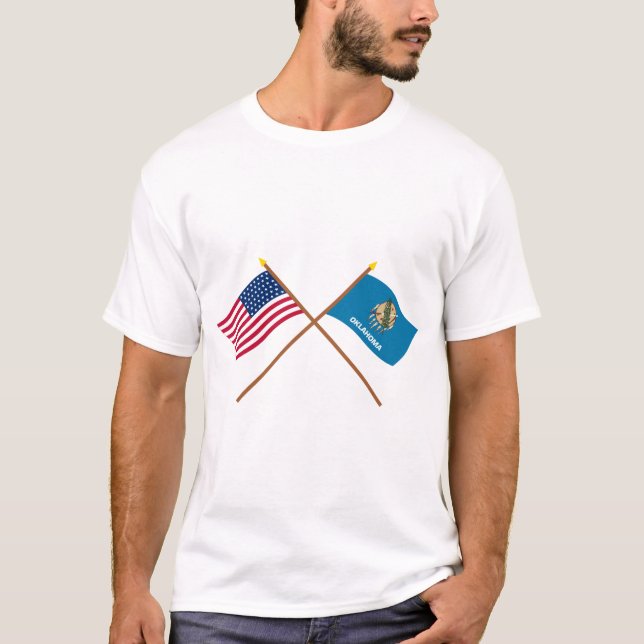 Crossed US 46-star and Oklahoma State Flags T-Shirt (Front)