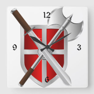 Crossed Weapons on Shield Square Wall Clock