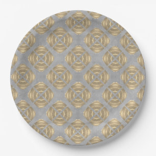 Crosses and Circles Grey Gold Geometric Pattern Paper Plate
