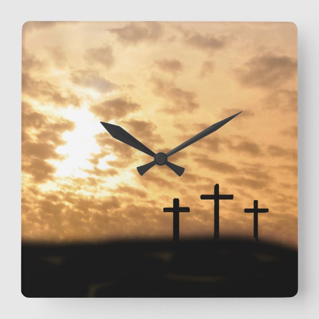 Crosses and Sunset "He is Risen" Easter Wall Clock (Front)