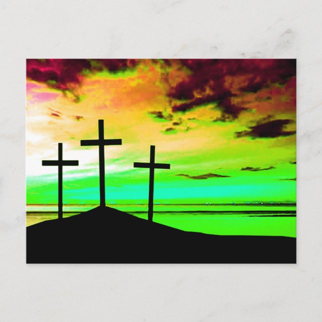 Crosses on a hill Colourful sunset GOD IS GOOD Postcard (Front)