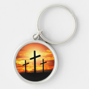 Crosses, Sunset Silhouettes Painting-67137 Key Ring