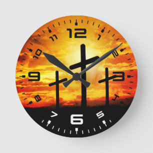 Crosses, Sunset Silhouettes Painting-67137 Round Clock