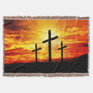 Crosses, Sunset Silhouettes Painting-67137 Throw Blanket