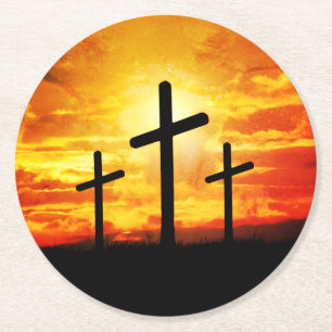 Crosses, Sunset Silhouettes Painting Round Paper Coaster