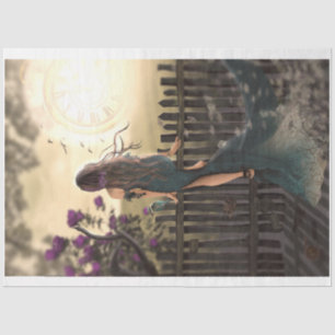 Crossing over, Portrait Floral Bird Fence Clock Tissue Paper