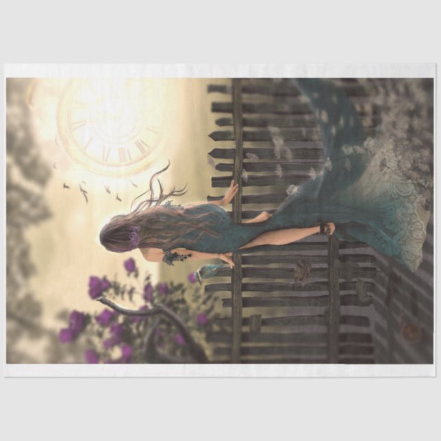 Crossing over, Portrait Floral Bird Fence Clock Tissue Paper (Front)