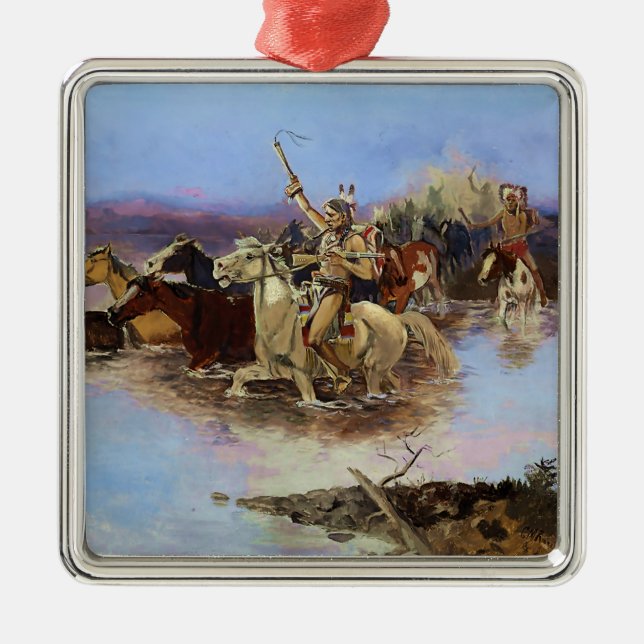 “Crossing the River” by Charles M Russell Metal Tree Decoration (Front)