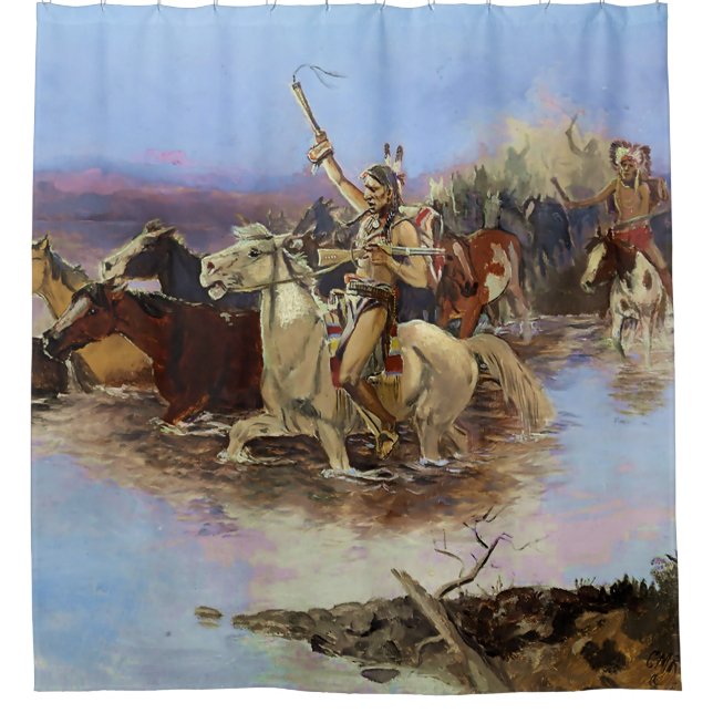 “Crossing the River” by Charles M Russell Shower Curtain (Front)