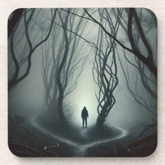Crossroads in the Fog - Gloomy Forest Art Print Coaster