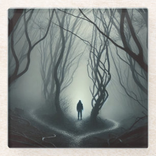Crossroads in the Fog - Gloomy Forest Art Print Glass Coaster
