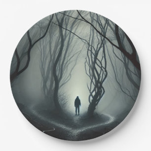 Crossroads in the Fog - Gloomy Forest Art Print Paper Plate
