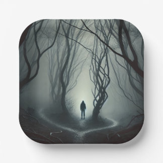 Crossroads in the Fog - Gloomy Forest Art Print Paper Plate