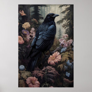 Crow And Flowers Vintage Poster, Dark Academia Poster
