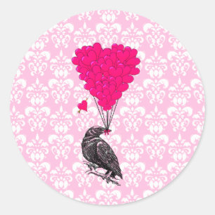 Crow and heart on pink damask classic round sticker