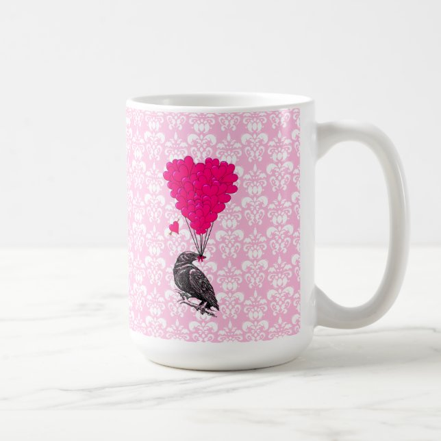 Crow and heart on pink damask coffee mug (Right)