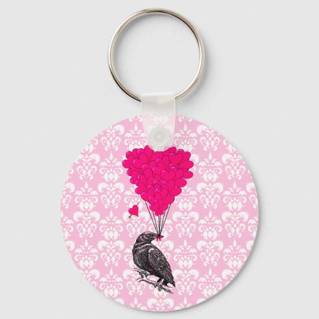 Crow and heart on pink damask key ring (Front)