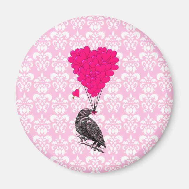 Crow and heart on pink damask magnet (Front)