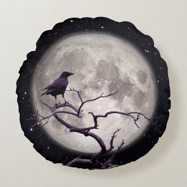 Crow and Moon 2, Crow Art, Raven, Gothic, Night Round Cushion (Front)