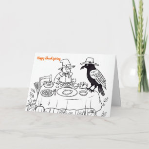 Crow and pilgrim at thanksgiving table card