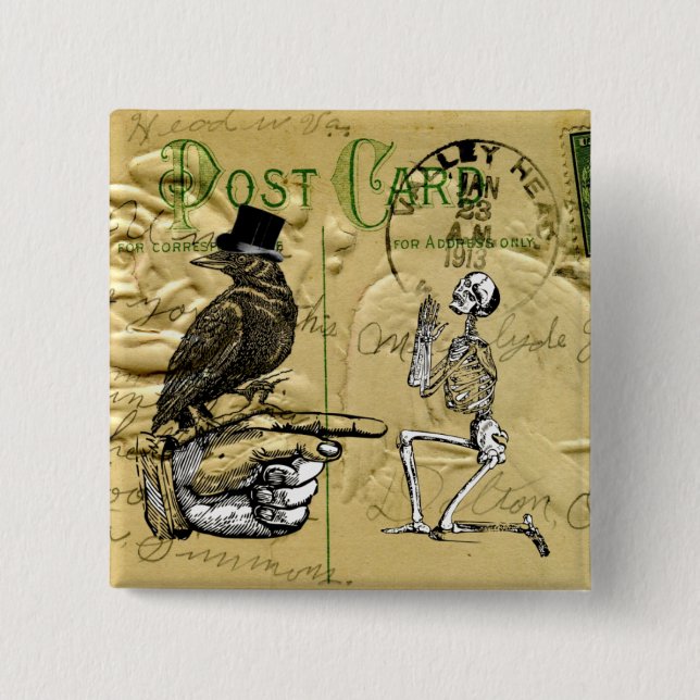 Crow and skeleton 15 cm square badge (Front)