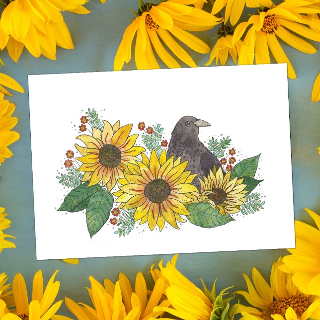 Crow and Sunflowers Watercolor Card (Creator Uploaded)