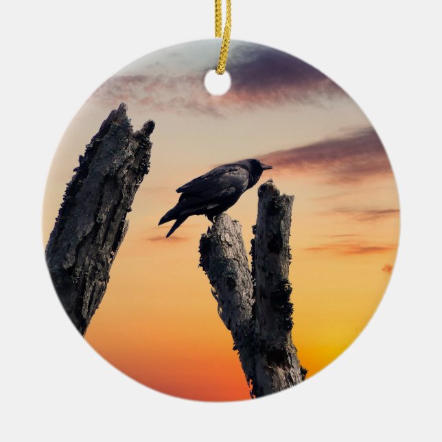 Crow at Sunrise Ceramic Tree Decoration (Front)