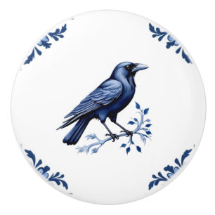 Crow Bird Delft Blue and White Floral Corners Ceramic Knob