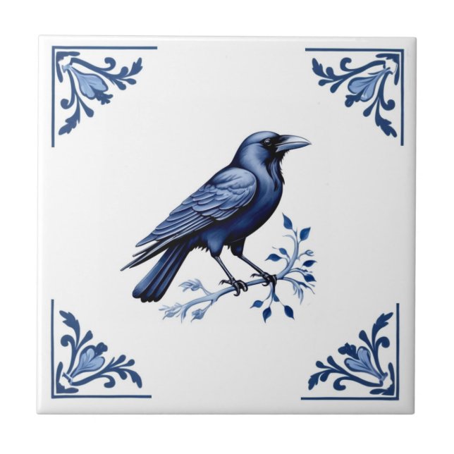 Crow Bird Delft Blue and White Floral Corners Tile (Front)